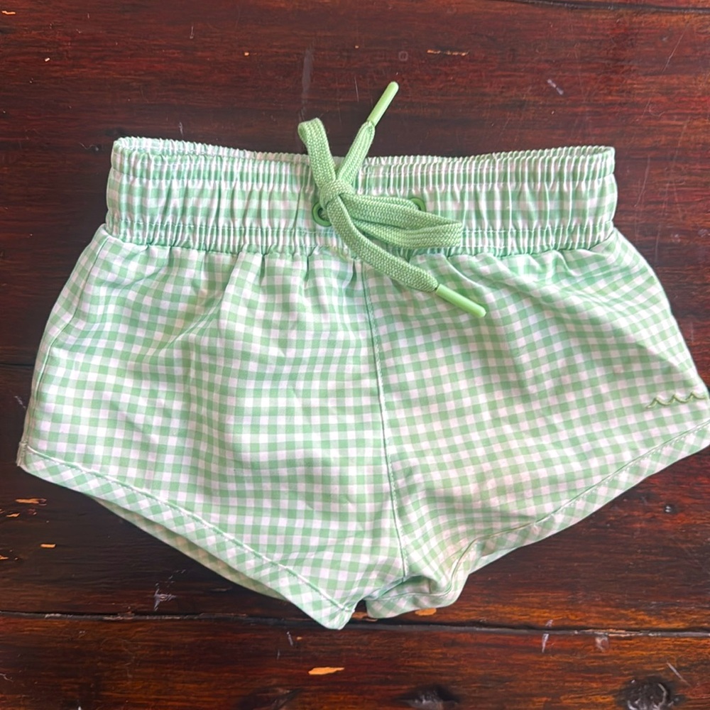 Green Gingham Kids Swim Trunks